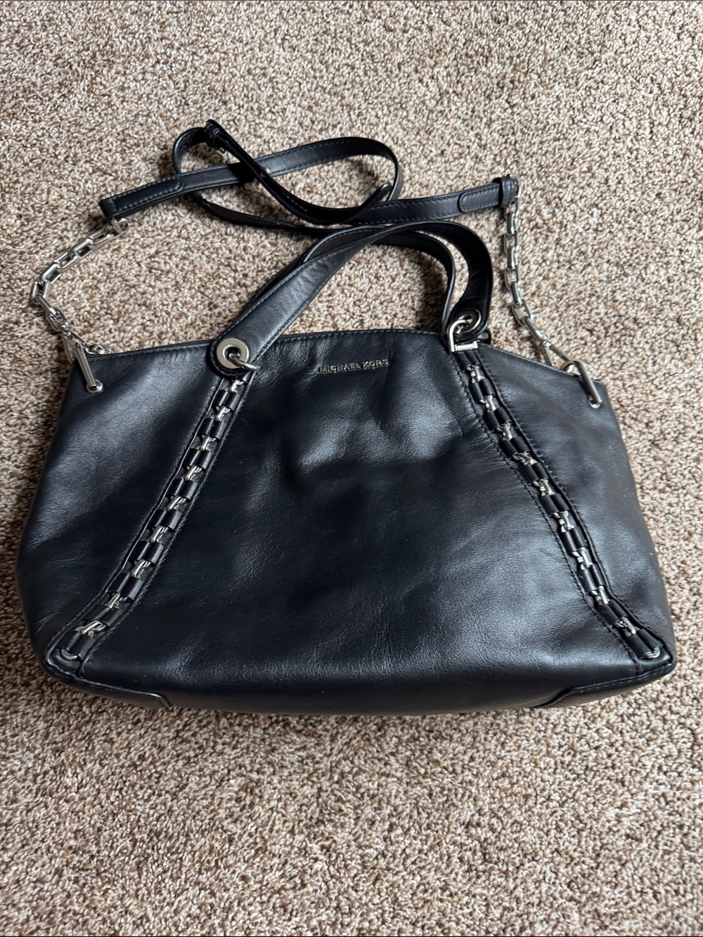 Michael Kors Black Leather Shoulder Satchel with Chain Trim